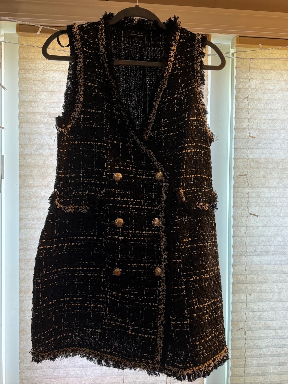 Trixxi Black Tweed Double-Breasted Mini Dress with Gold Buttons